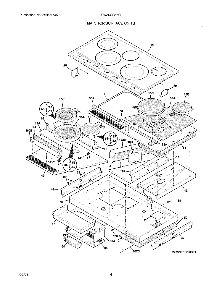 MAIN TOP / SURFACE UNITS Diagram and Parts List for EW36CC55GS2  Electrolux Cooktop