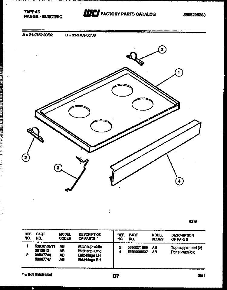 COOKTOP PARTS Diagram and Parts List for 31-2759-00-03  Tappan Range