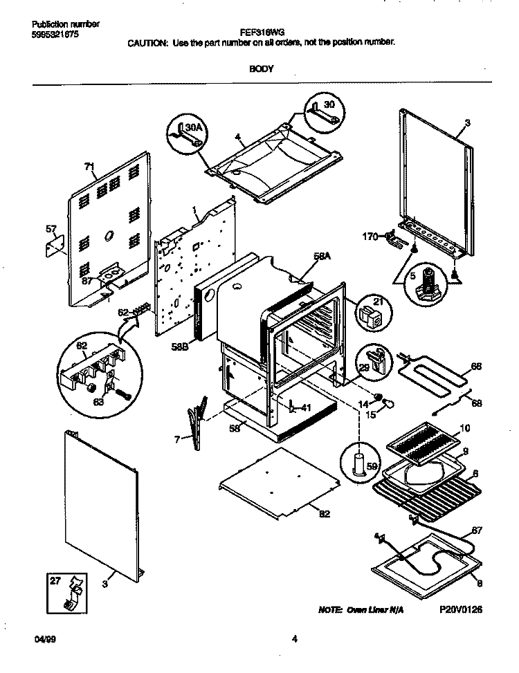 BODY Diagram and Parts List for FEF316WGTC  Frigidaire Range
