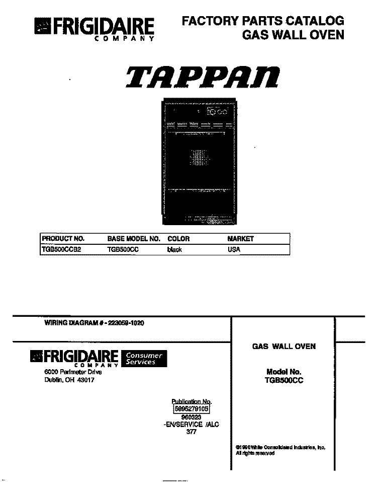 COVER Diagram and Parts List for TGB500CCB2  Tappan Wall Oven