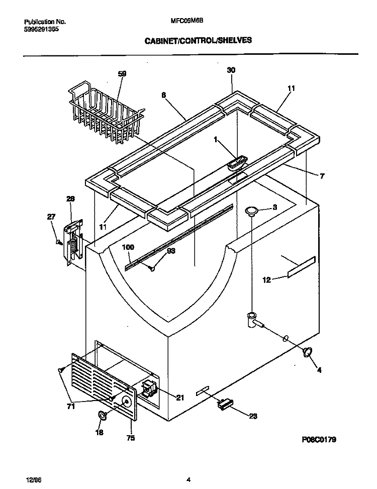 CABINET / CONTROL / SHELVES Diagram and Parts List for MFC09M6BW3  Frigidaire Freezer