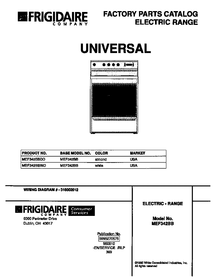 COVER Diagram and Parts List for MEF342BBWD  Frigidaire Range