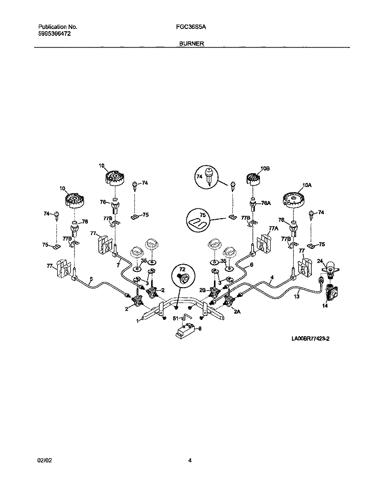 BURNER Diagram and Parts List for FGC36S5AWB  Frigidaire Cooktop