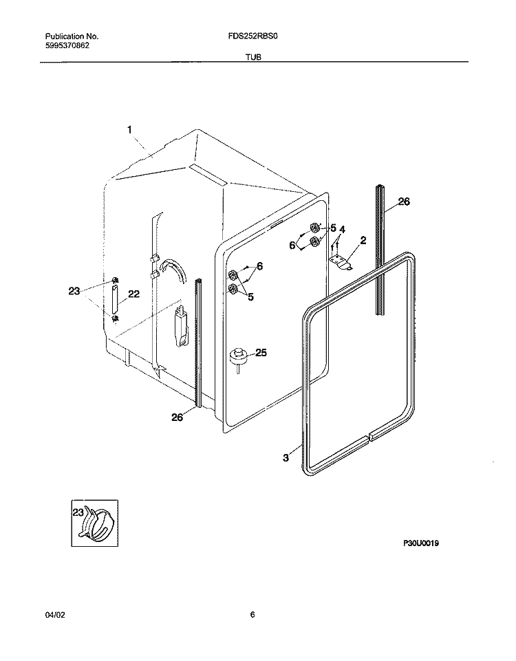 TUB Diagram and Parts List for FDS252RBS0  Frigidaire Dishwasher