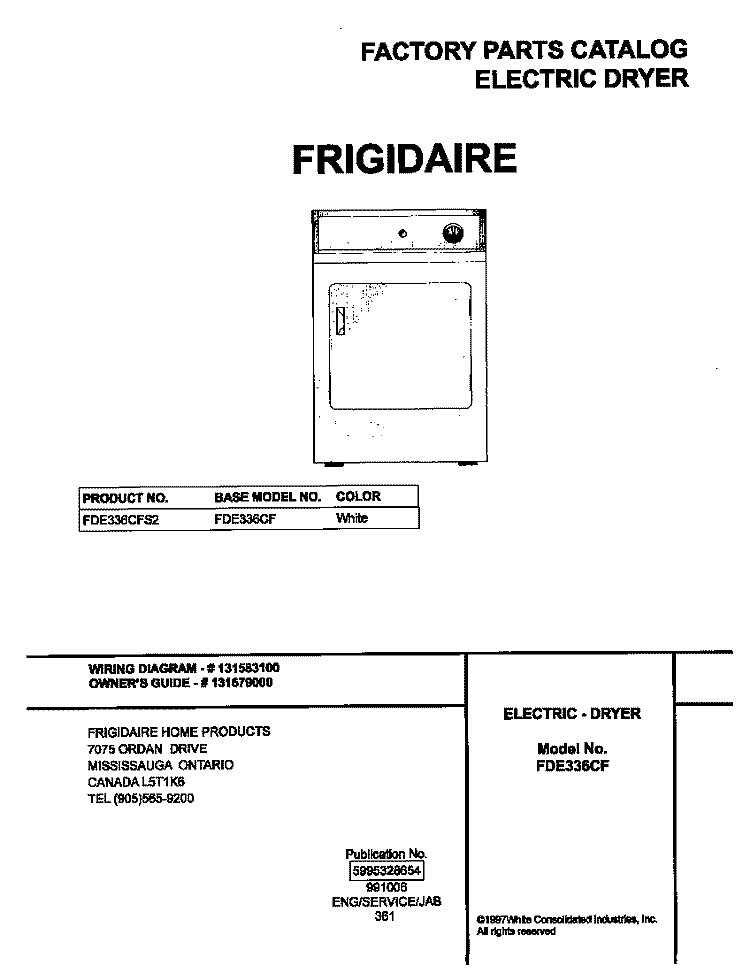 COVER Diagram and Parts List for FDE336CFS2  Frigidaire Dryer