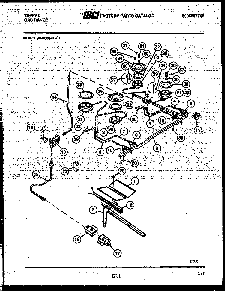 BURNER, MANIFOLD AND GAS CONTROL Diagram and Parts List for 30-3350-23-01  Tappan Range