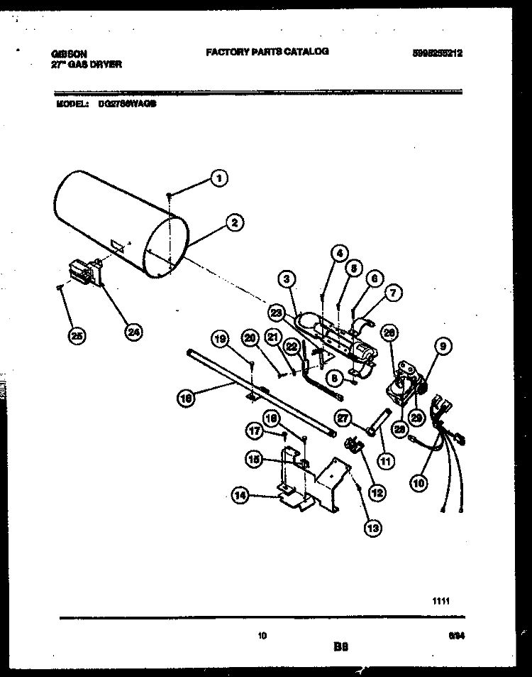 BURNER, IGNITER AND VALVE Diagram and Parts List for DG27S8WAGB  Gibson Dryer