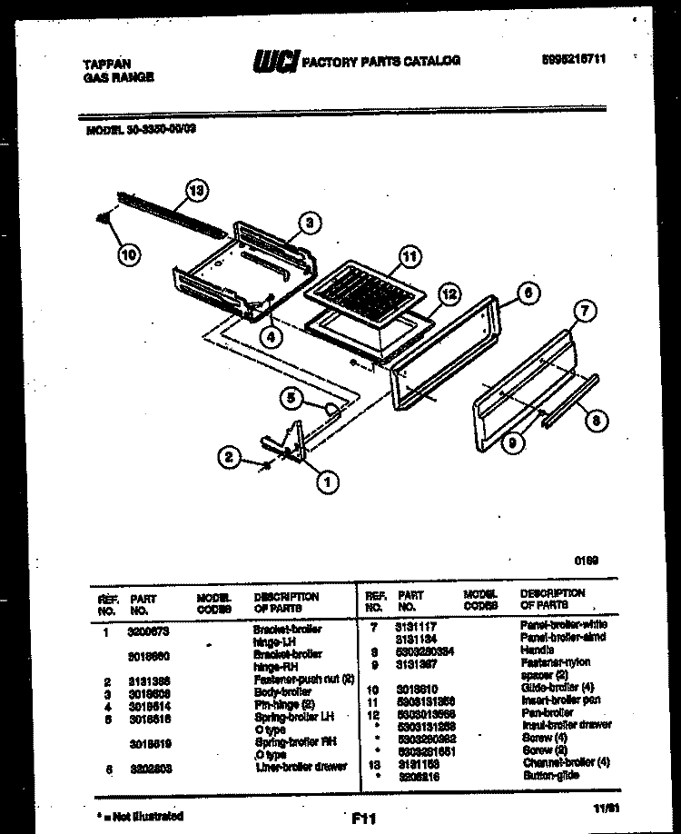BROILER DRAWER PARTS Diagram and Parts List for 30-3350-00-03  Tappan Range