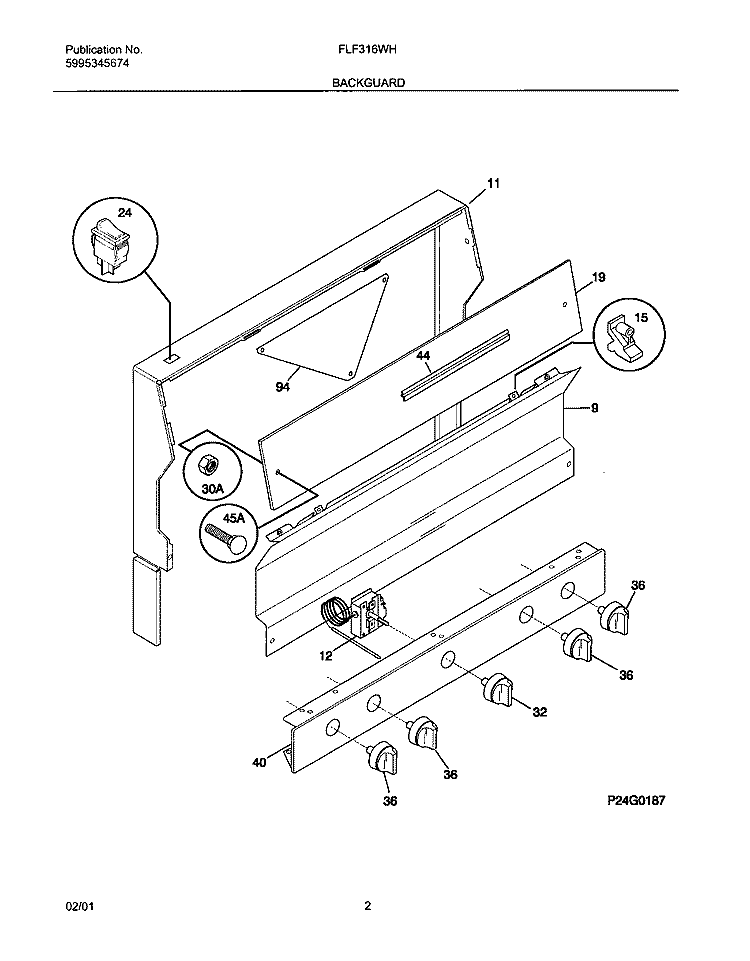 BACKGUARD Diagram and Parts List for FLF316WHSA  Frigidaire Range
