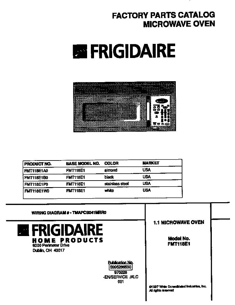 COVER Diagram and Parts List for FMT118E1B0  Frigidaire Microwave