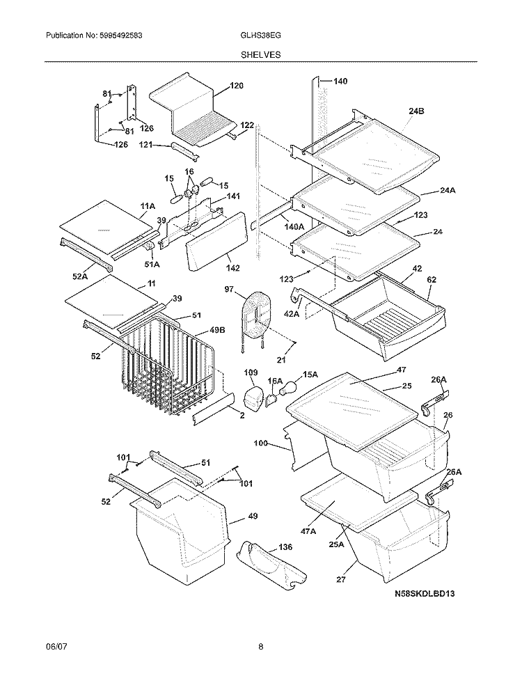 SHELVES Diagram and Parts List for GLHS38EGSB5  Frigidaire Refrigerator