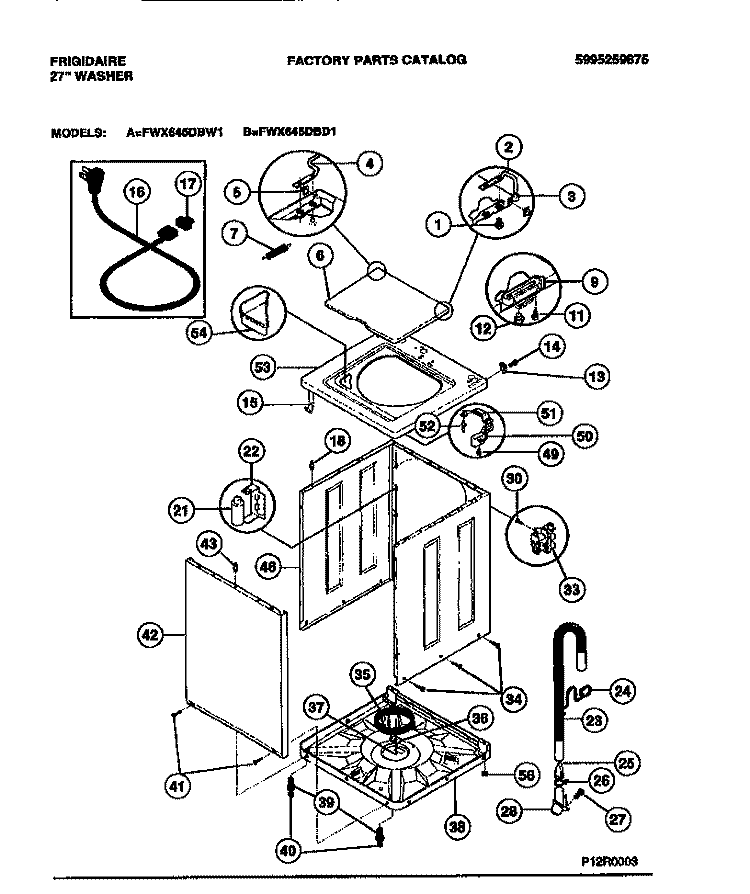 CABINET, TOP PANEL, BASE Diagram and Parts List for FWX645DBD1  Frigidaire Washer