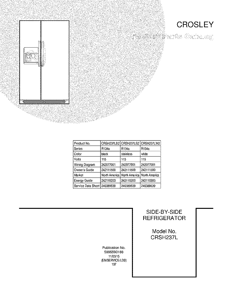 COVER Diagram and Parts List for CRSH237LW2  Frigidaire Refrigerator