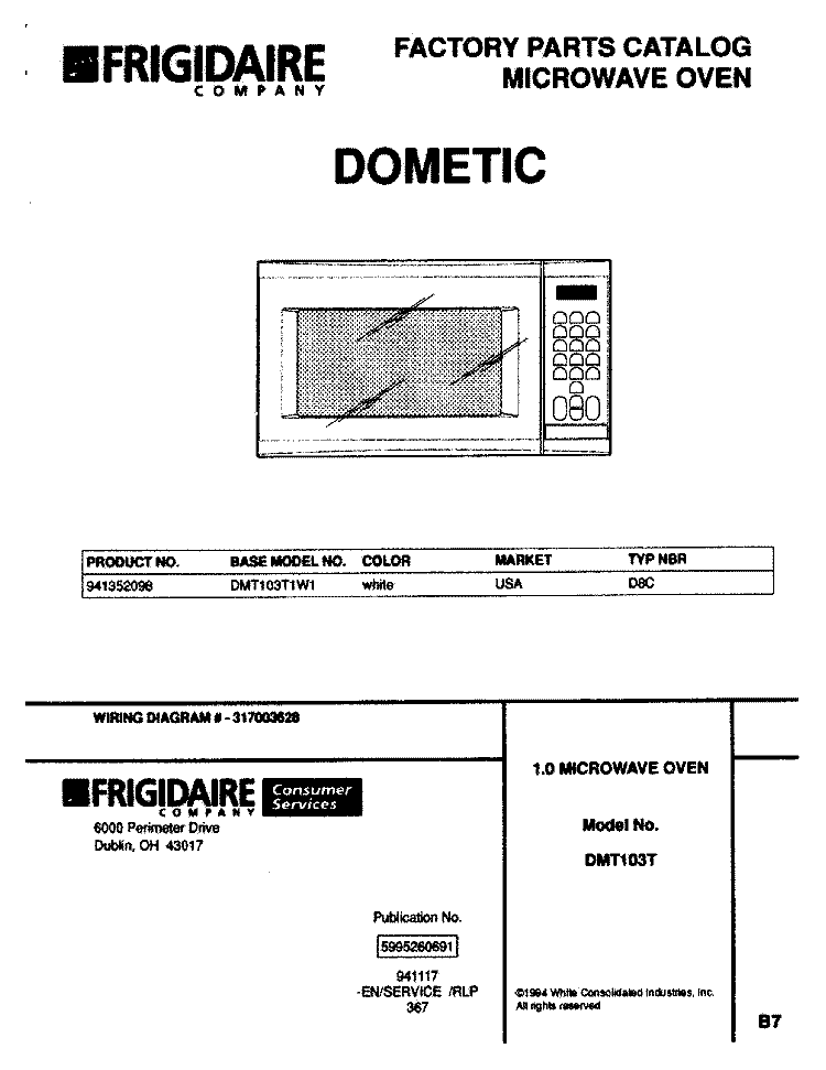 COVER Diagram and Parts List for DMT103T1W1  Frigidaire Microwave