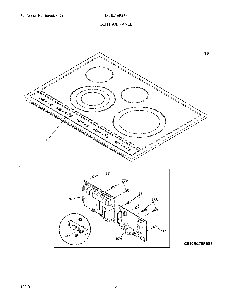 CONTROL PANEL Diagram and Parts List for E30EC70FSS3  Electrolux Cooktop
