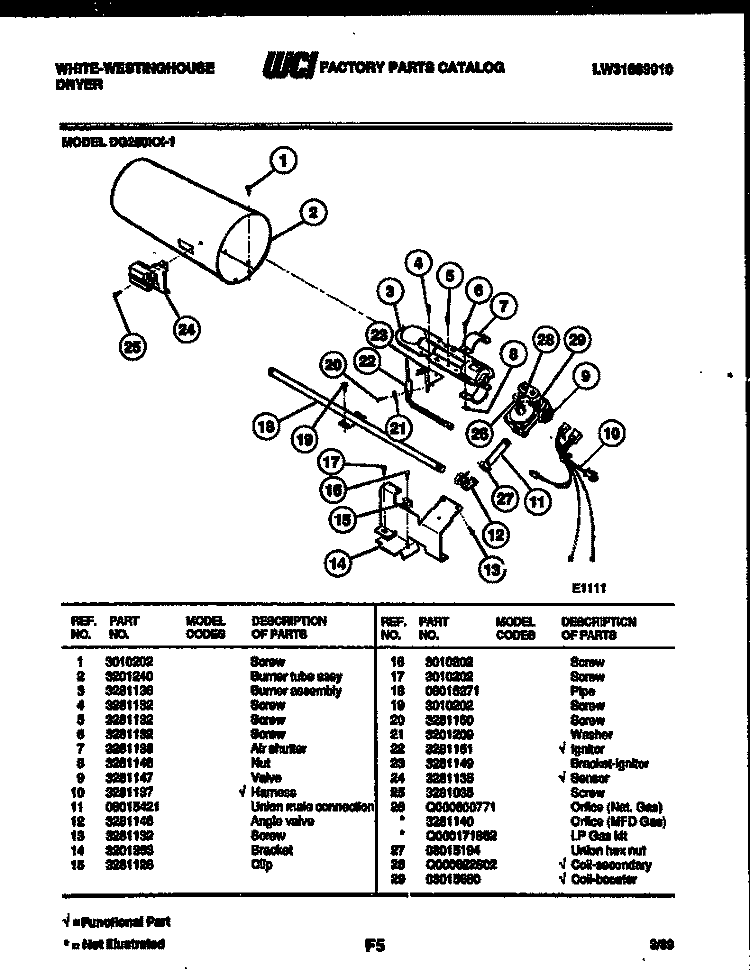 BURNER, IGNITER AND VALVE Diagram and Parts List for DG250KXD1  Frigidaire Dryer