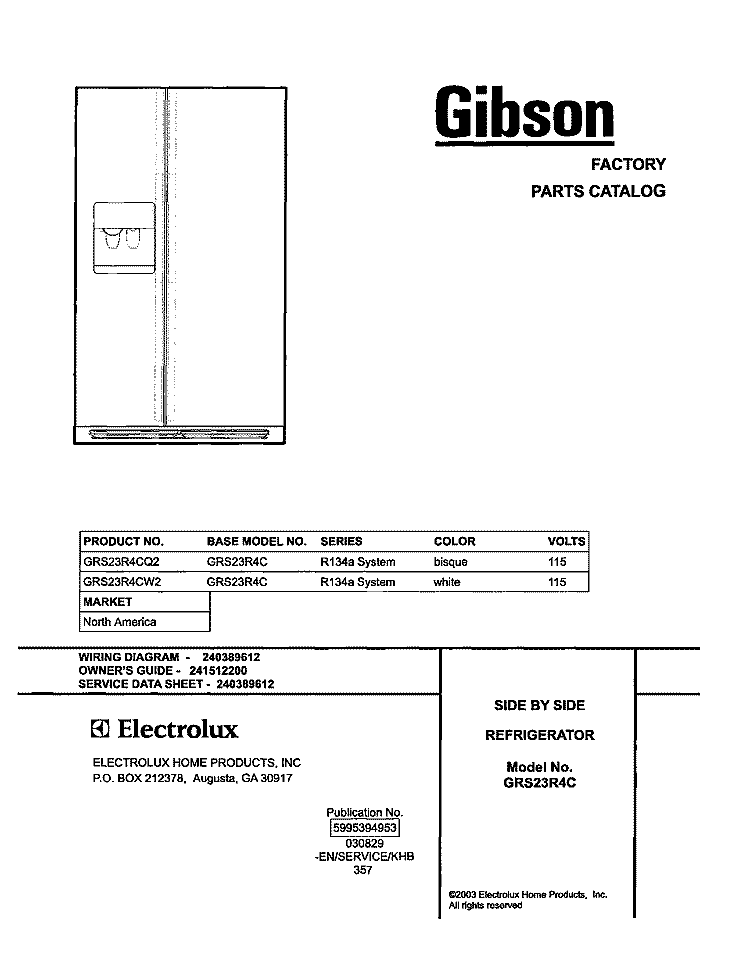 COVER Diagram and Parts List for GRS23R4CW2  Gibson Refrigerator