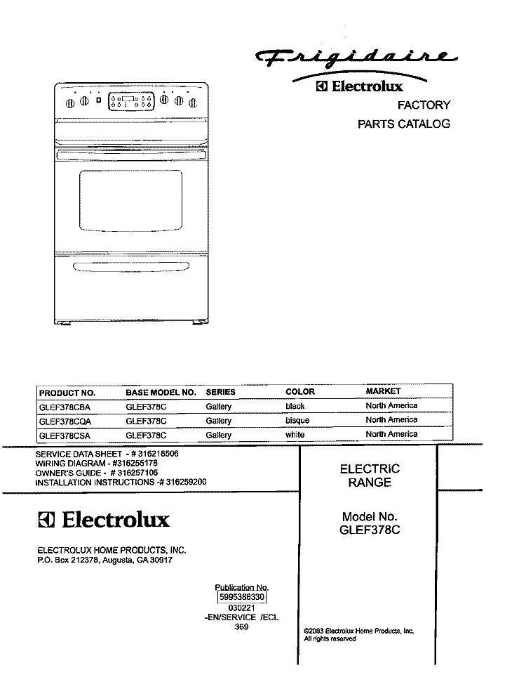 COVER Diagram and Parts List for GLEF378CQA  Frigidaire Range