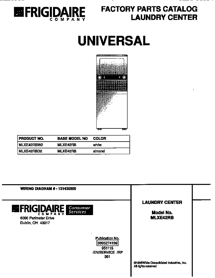 COVER Diagram and Parts List for MLXE42RBD2  Frigidaire Washer Dryer Combo