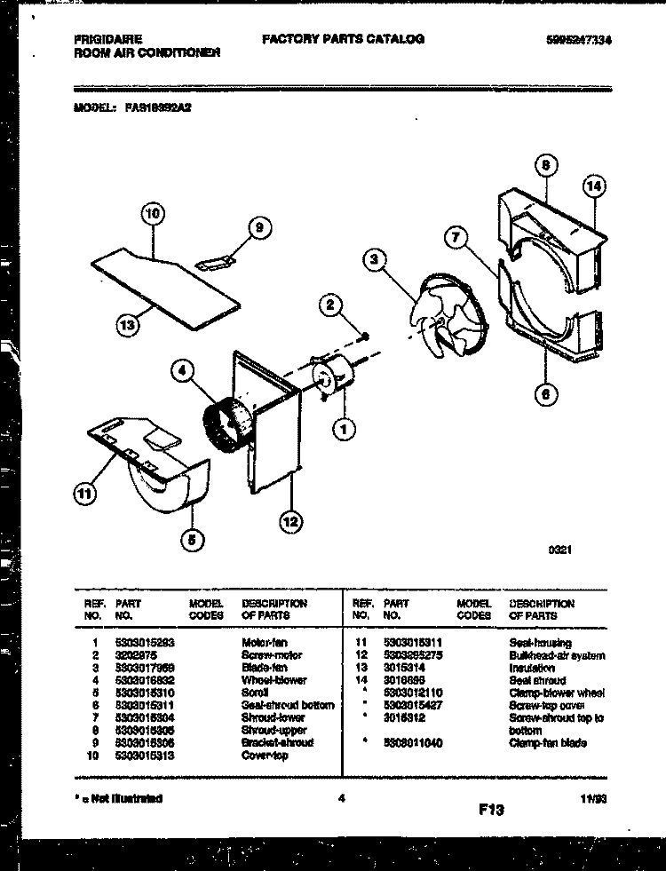 AIR HANDLING PARTS Diagram and Parts List for FAS183S2A2  Frigidaire Air Conditioner