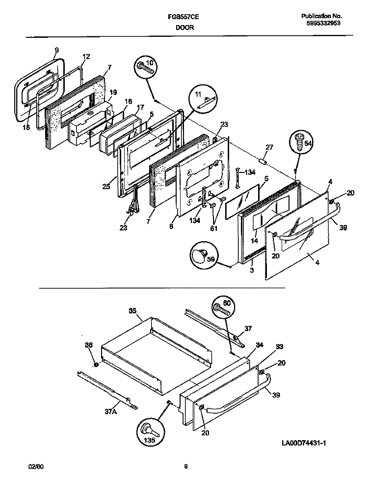 DOOR Diagram and Parts List for FGB557CEBD  Frigidaire Wall Oven