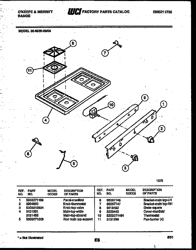COOKTOP PARTS Diagram and Parts List for 30-6239-23-04  Tappan Range