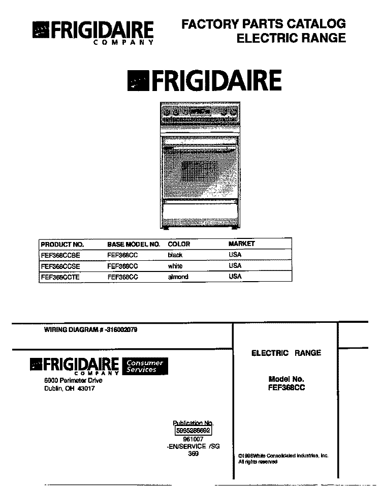 COVER Diagram and Parts List for FEF368CCSE  Frigidaire Range