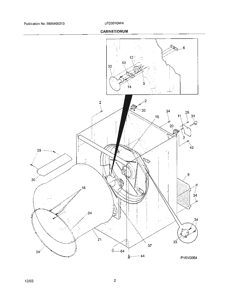 CABINET / DRUM Diagram and Parts List for LFD301GW4  Frigidaire Dryer