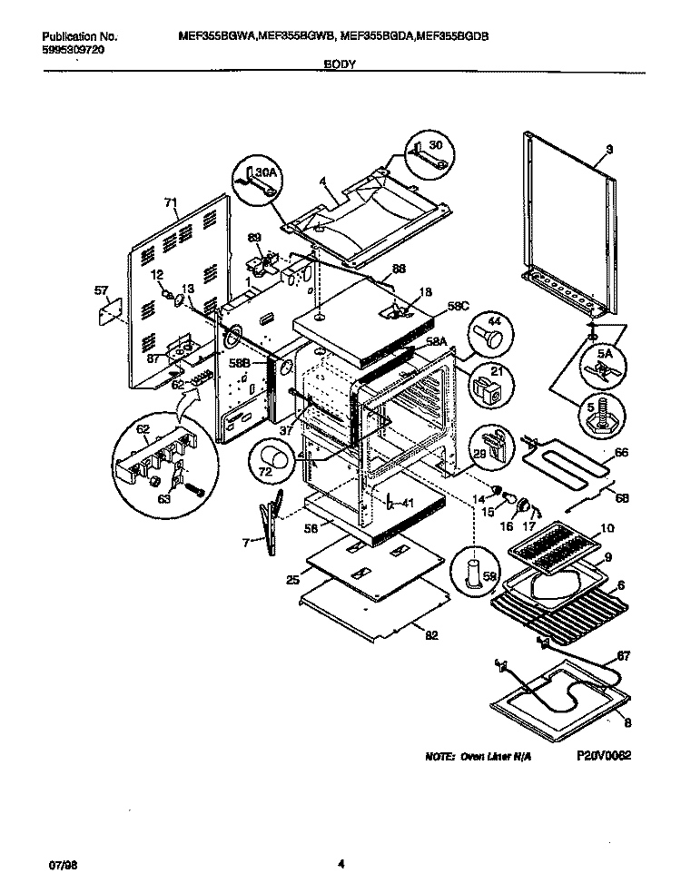 BODY Diagram and Parts List for MEF355BGDA  Frigidaire Range