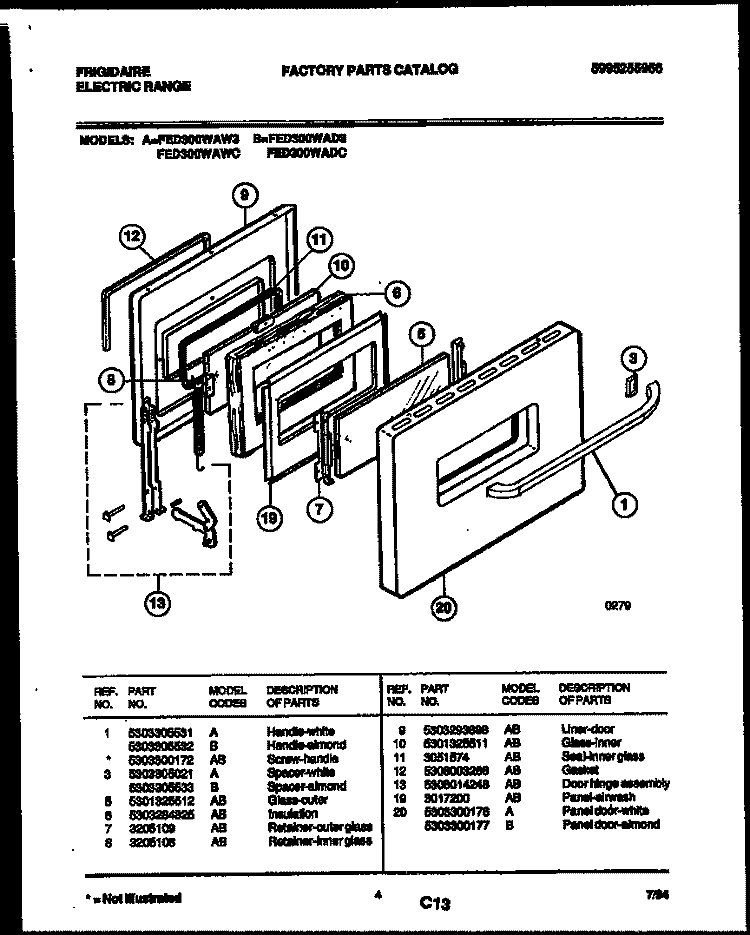 DOOR PARTS Diagram and Parts List for FED300WAW3  Frigidaire Range
