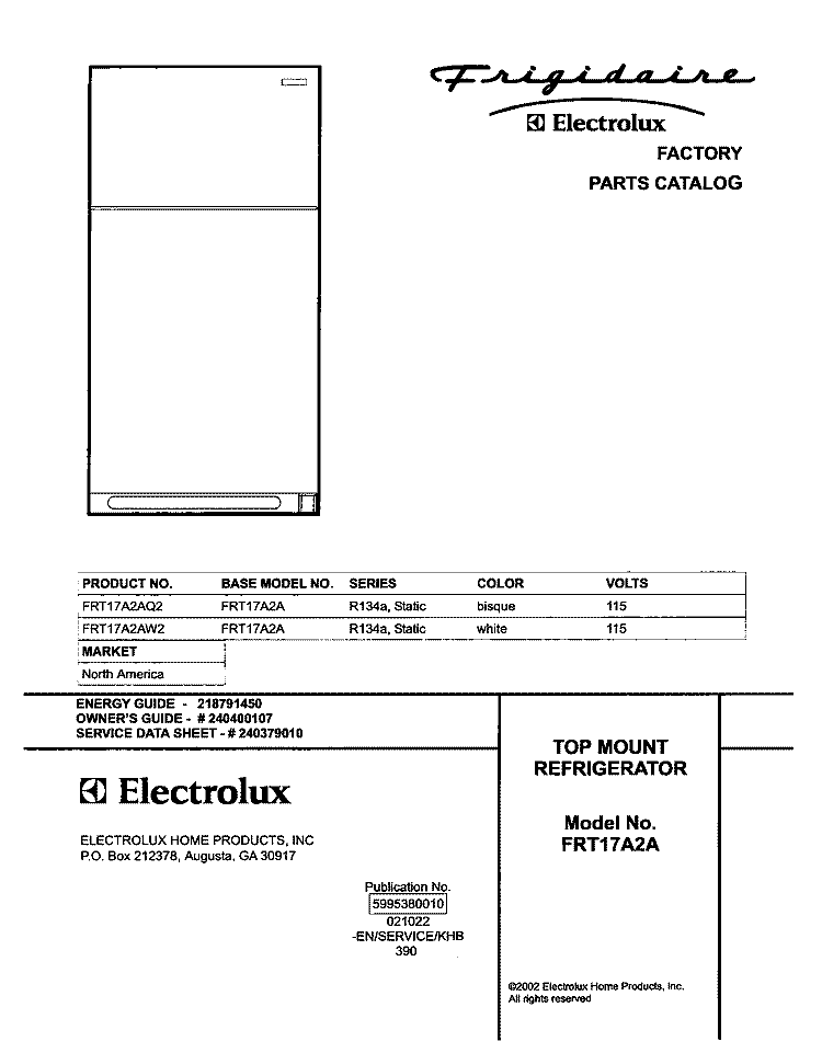 COVER Diagram and Parts List for FRT17A2AW2  Frigidaire Refrigerator