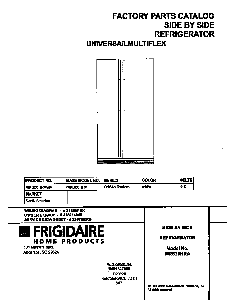 COVER Diagram and Parts List for MRS20HRAWA  Frigidaire Refrigerator