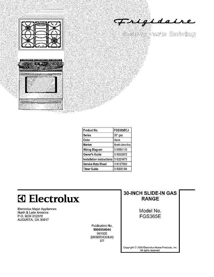 COVER Diagram and Parts List for FGS365ECJ  Frigidaire Range