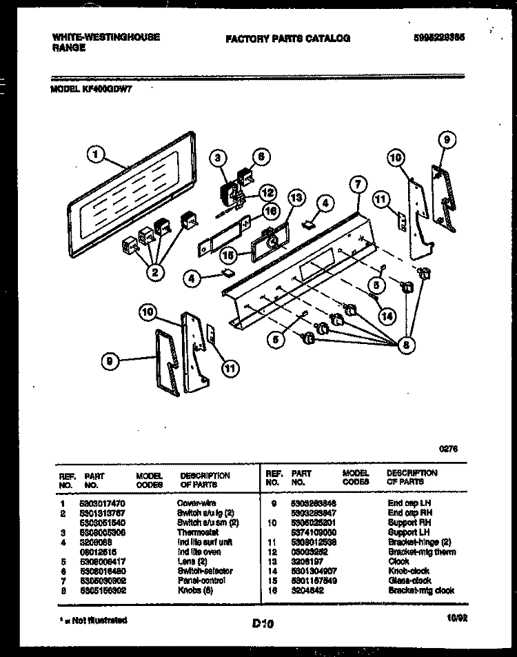 CONTROL PANEL Diagram and Parts List for KF400GDD7  Frigidaire Range