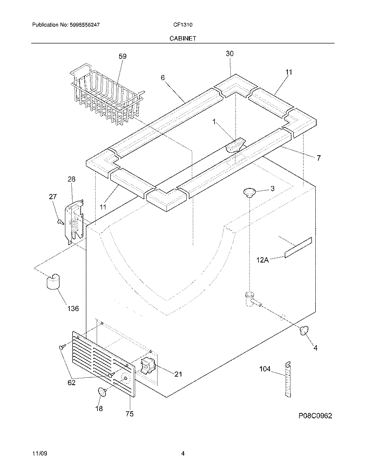 CABINET Diagram and Parts List for CF1310  Frigidaire Freezer