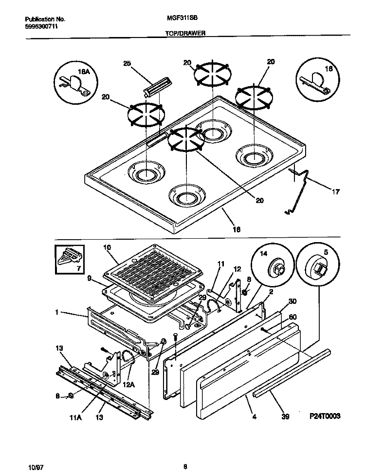 TOP / DRAWER Diagram and Parts List for MGF311SBDE  Frigidaire Range