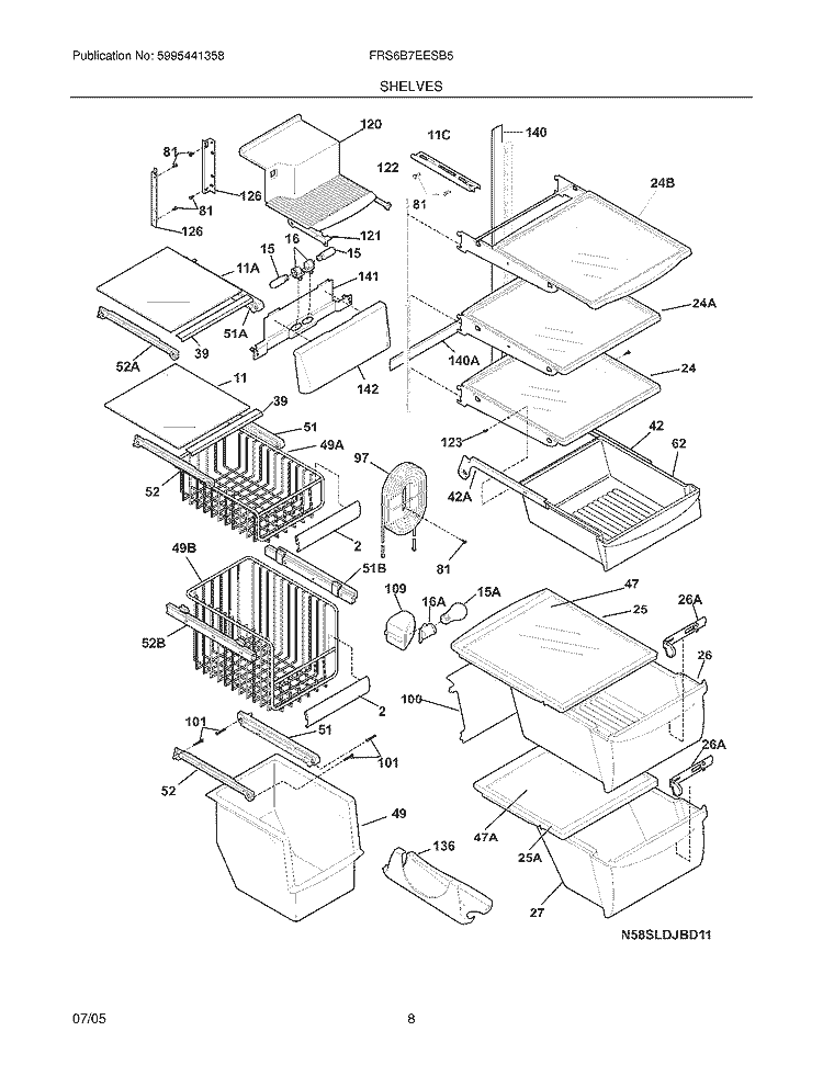 SHELVES Diagram and Parts List for FRS6B7EESB5  Frigidaire Refrigerator