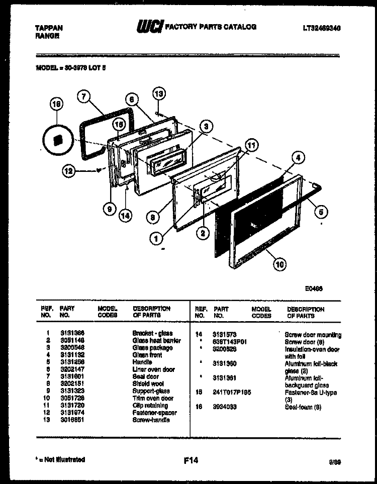 DOOR PARTS Diagram and Parts List for 30-3978-00-05  Tappan Range