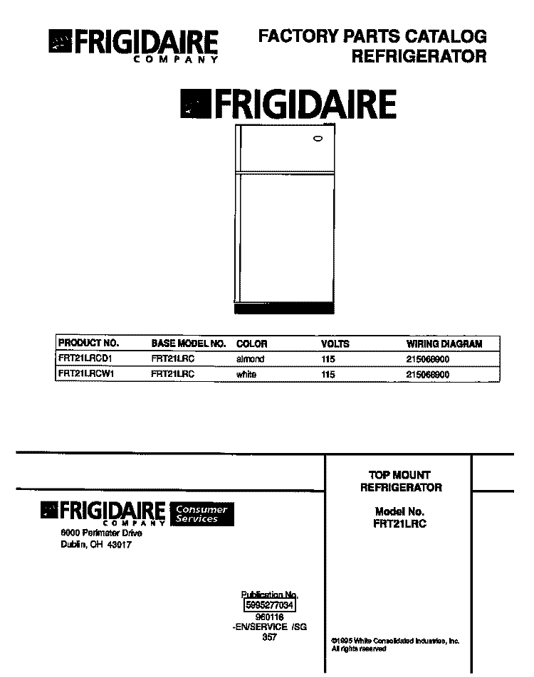 COVER Diagram and Parts List for FRT21LRCW1  Frigidaire Refrigerator