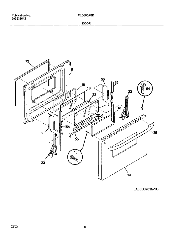 DOOR Diagram and Parts List for FED300ASD  Frigidaire Range