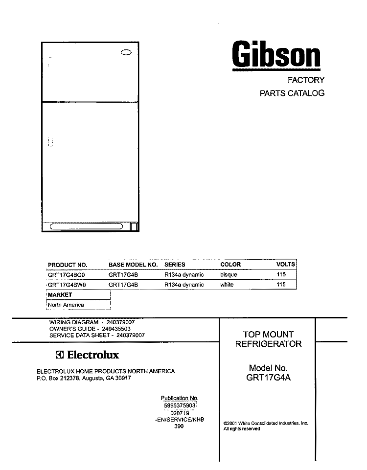COVER Diagram and Parts List for GRT17G4BW0  Gibson Refrigerator