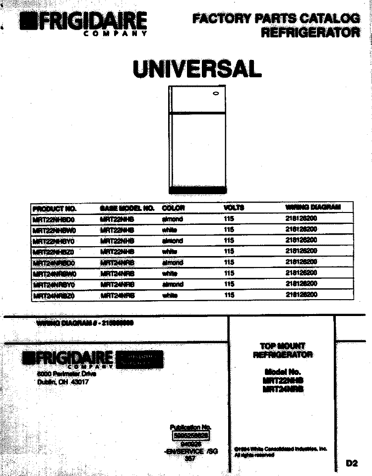 COVER Diagram and Parts List for MRT24NRBY0  Frigidaire Refrigerator