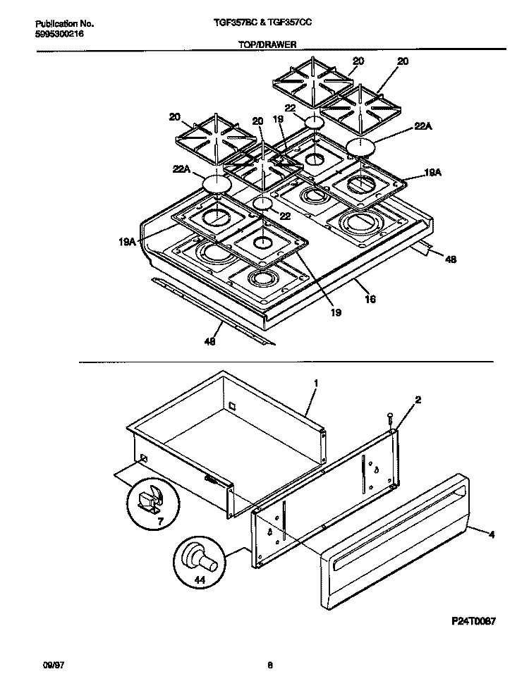 TOP / DRAWER Diagram and Parts List for TGF357CCTF  Tappan Range