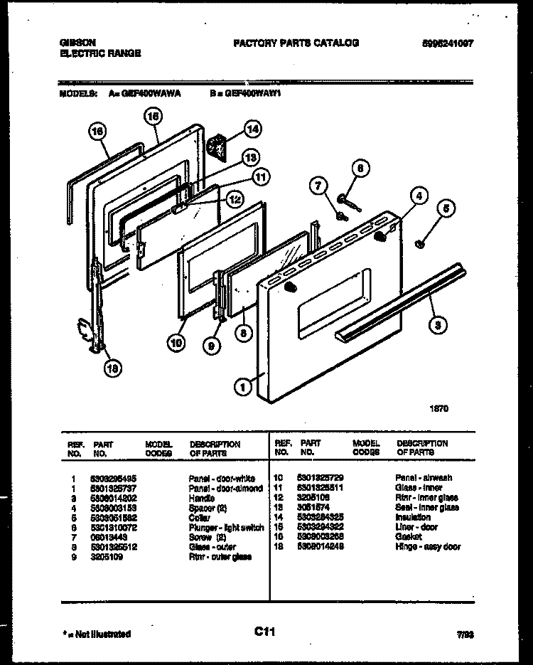 DOOR PARTS Diagram and Parts List for GEF400WAW1  Gibson Range