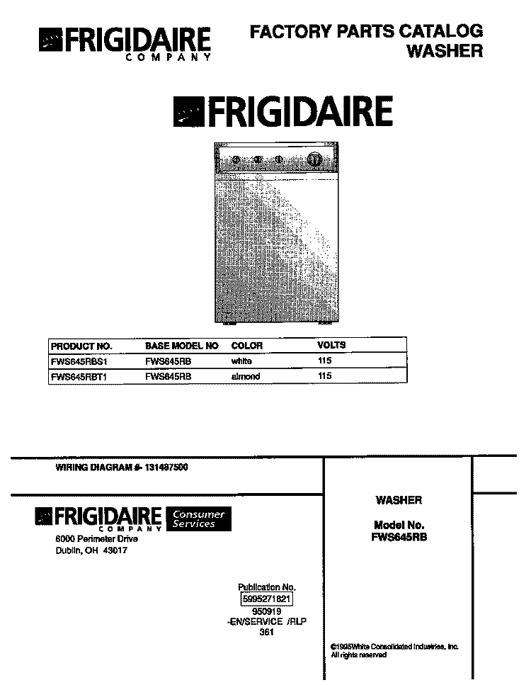 COVER Diagram and Parts List for FWS645RBS1  Frigidaire Washer