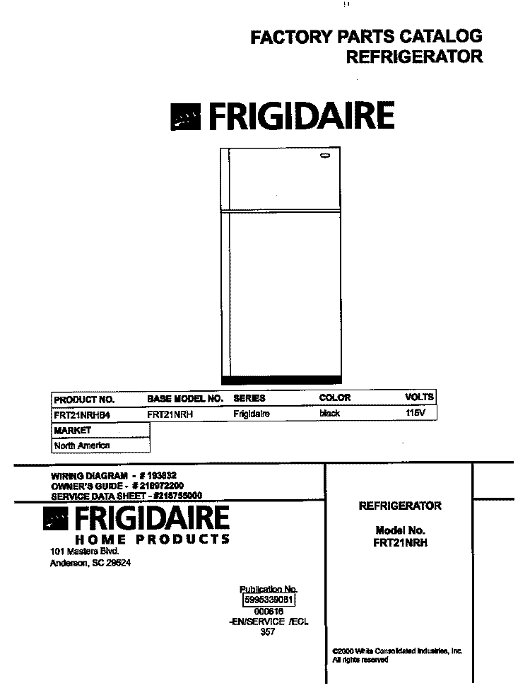 COVER Diagram and Parts List for FRT21NRHB4  Frigidaire Refrigerator