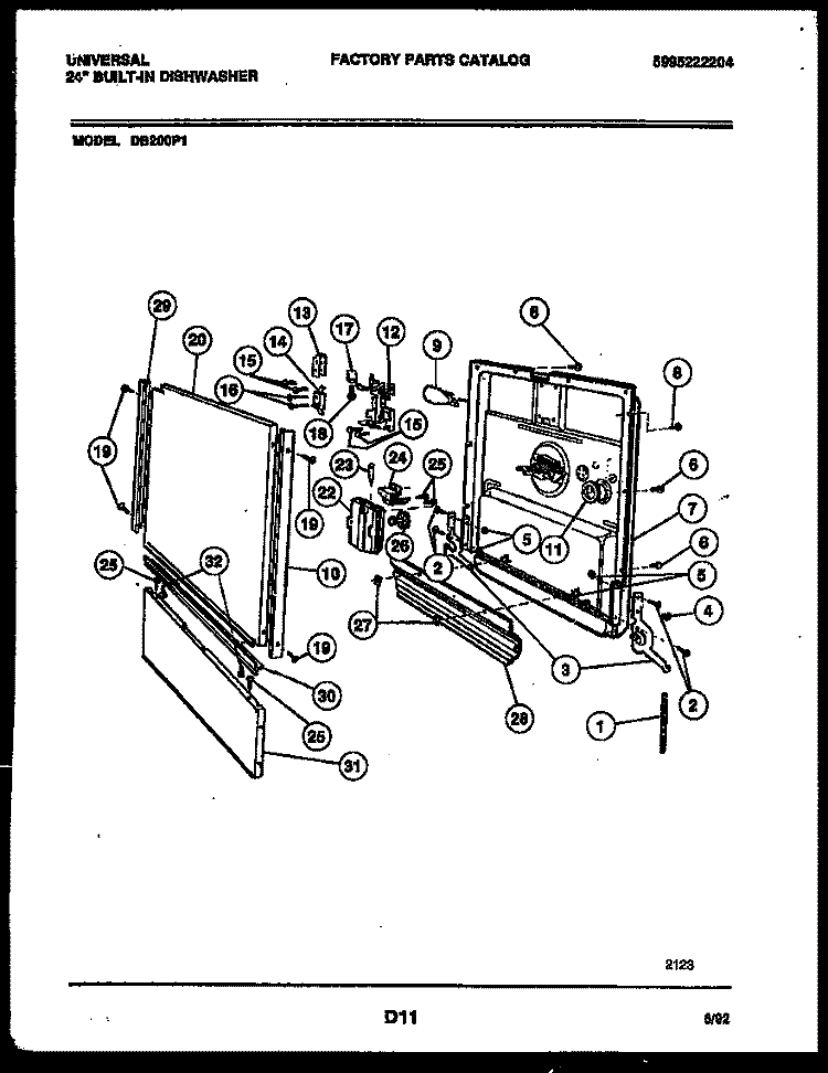 DOOR PARTS Diagram and Parts List for DB200PW1  Frigidaire Dishwasher