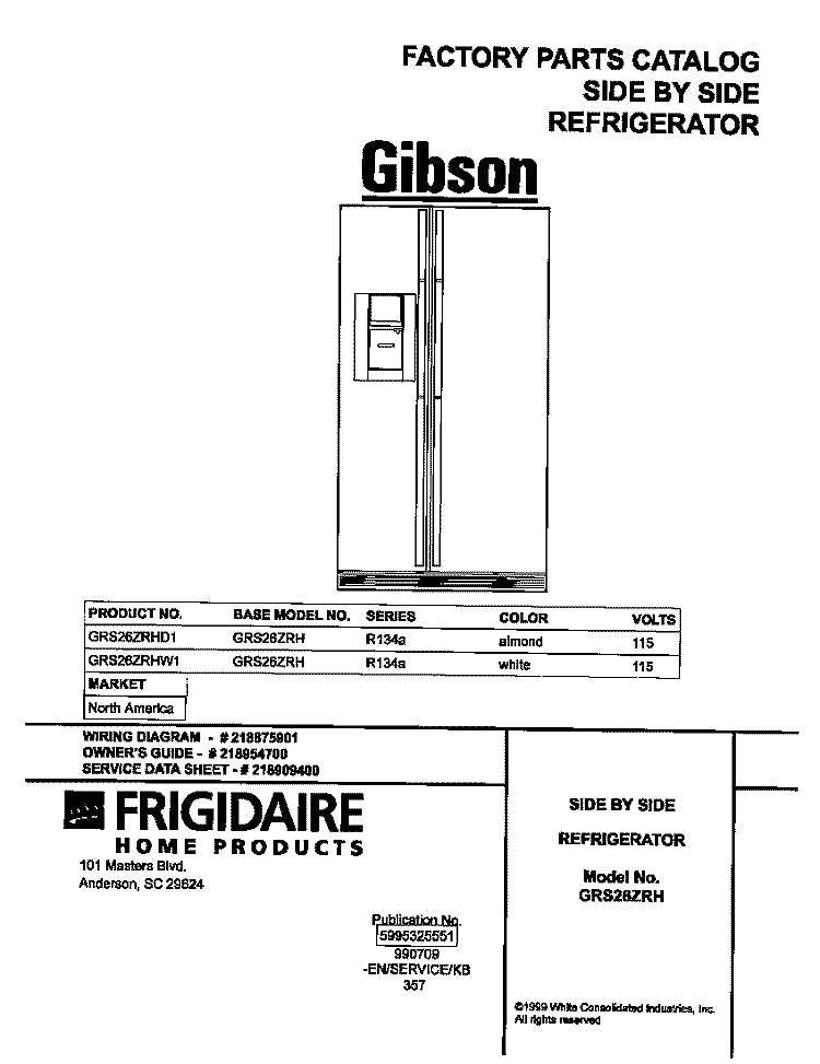 COVER Diagram and Parts List for GRS26ZRHW1  Gibson Refrigerator