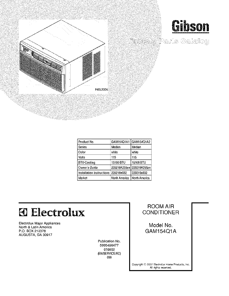 COVER Diagram and Parts List for GAM154Q1A1  Gibson Air Conditioner