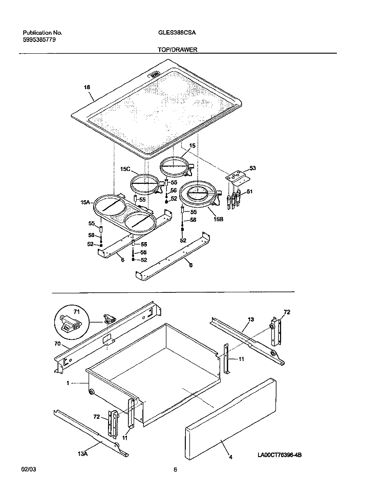 TOP / DRAWER Diagram and Parts List for GLES388CSA  Frigidaire Range